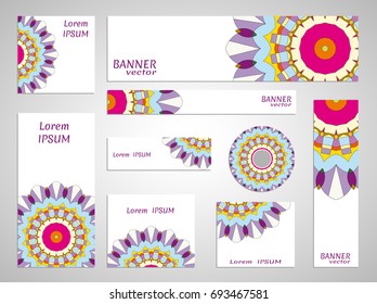 Set of web banner templates for site or blog with geometric abstract mandala elements. Different sizes. Corporate flat identity mock-up template for your design. Vector collection