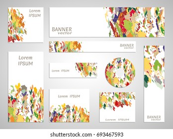 Set of web banner templates for site or blog with geometric abstract shapes. Different sizes. Corporate flat identity mock-up template for your design. Colorful grunge texture, vector collection