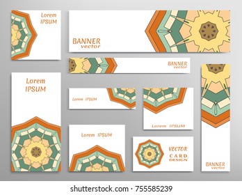 Set of web banner templates for site or blog with geometric modern art, abstract shapes. Different sizes. Corporate flat identity mock-up template for business card, invitation, cover design