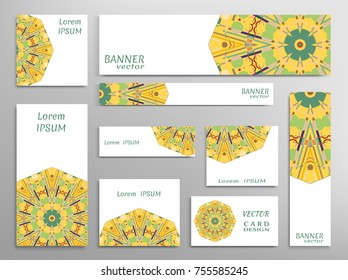 Set of web banner templates for site or blog with geometric modern art, abstract shapes. Different sizes. Corporate flat identity mock-up template for business card, invitation, cover design