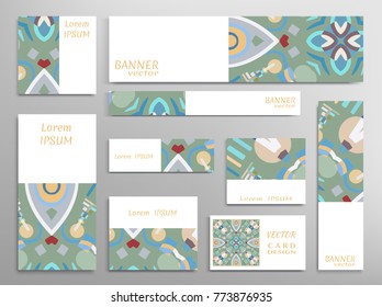 Set of web banner templates for site or blog with geometric abstract shapes. Different sizes. Corporate flat identity mock-up template for your design. Vector collection