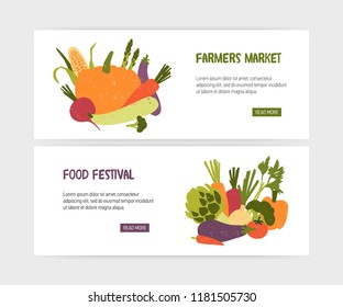 Set of web banner templates with tasty organic vegetables and place for text on white background. Colorful modern vector illustration for vegan food festival promo or farm market advertisement.