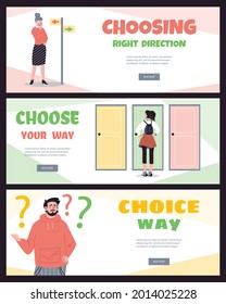 Set of web banner templates where people choose wrong, right direction, flat cartoon style vector illustration. Various characters in doubt make decisions at crossroads, choose way.