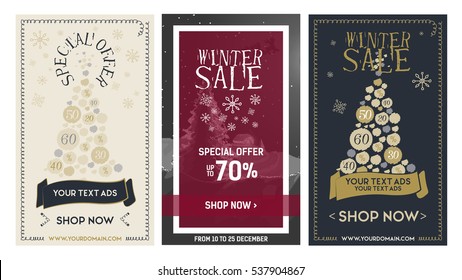 Set web Banner winter sale with ribbon, tree and snowflakes