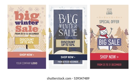 Set web Banner winter sale, discount with tree, snowman and snowflakes