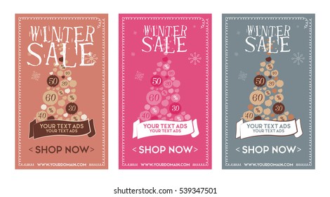 Set web Banner winter sale, discount with tree and snowflakes