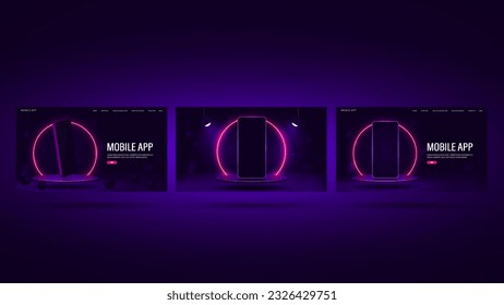 Un conjunto de banderas web con un smartphone 3d en el podio con un marco de neón brillante sobre un fondo morado oscuro. Afiches para un sitio web con aplicación móvil y ventas en línea.