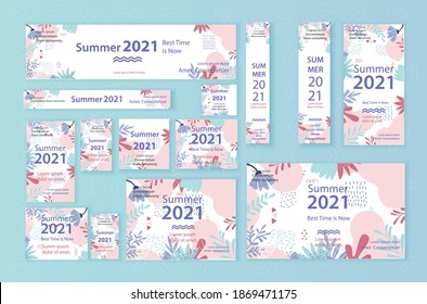 Conjunto de banners Web, plantillas de publicidad , color de muestra azul, blanco y rosa, colores azules, bosque, floral, diseño de primavera.Plantillas vectoriales
