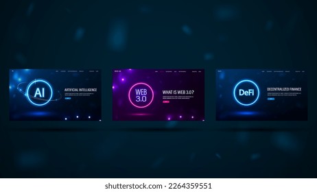 A set of web banners: AI, Web 3.0 and DeFi.