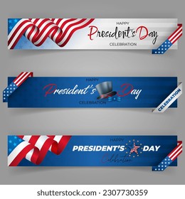 Set of web banners, background with handwriting texts and national flag colors for American President's Day, event celebration