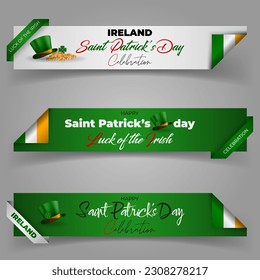 Set of web banners background with handwriting texts, green hat, lucky clover and national flag colors for Irish, Saint Patrick's day, event celebration