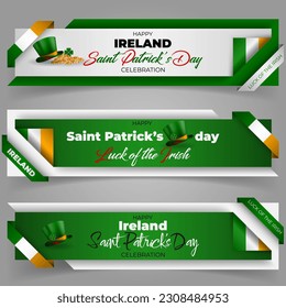 Set of web banners background with handwriting texts, green hat and national flag colors for Irish, Saint Patrick's day, event celebration