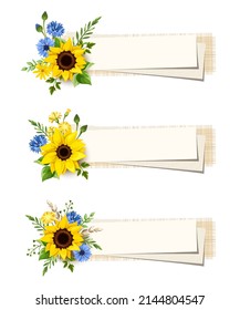 Set of web banners with blue and yellow sunflowers, dandelion flowers, gerbera flowers, cornflowers, ears of wheat, and green leaves. Vector illustration
