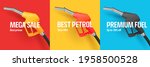 Set of web banners with bright 3d fuel or gas nozzle illustration in tree different vivid trendy colors with promo offer, square shape