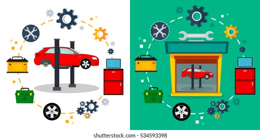 Set of web banners. Car service. Mechanic service concept, isolated on white background. Vector illustration.