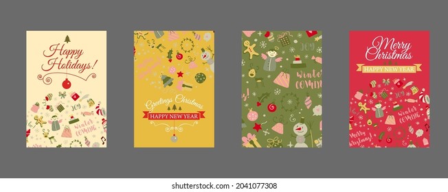 Set of web banners with Christmas design elements in doodle style. Christmas cards. Vector