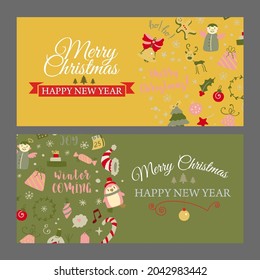 Conjunto de banners web con elementos de diseño navideño en estilo doodle. Tarjetas de Navidad. Ilustración del vector