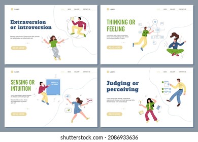 Set of web banners comparing MBTI personality types, flat cartoon vector illustration. Webpage interfaces bundle with different types of thinking, mindset and behavior.