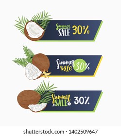 Set of web banners decorated by exotic coconut, palm branches and blooming flowers isolated on white background. Hand drawn vector illustration for summer sale or discount promotion, advertisement.