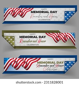 Set of web banners design, background with handwriting texts and national flag colors for United States, Memorial day event, celebration; Vector illustration