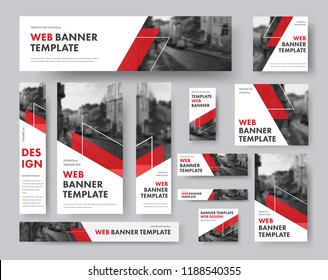 set of web banners of different sizes with diagonal red elements and a place for photos. Vector Templates for Web