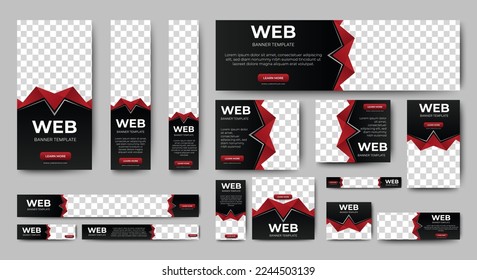 Set of web banners of different sizes with diagonal red elements and a place for photos.
