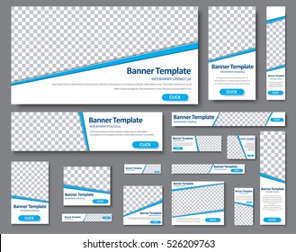 Set of web banners of different standard sizes. Templates with a blue stripe and place for photos, buttons. Vector illustration.