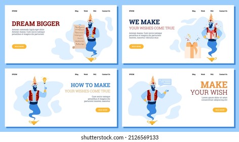 Set of web banners with fairy-tale genie granting wishes, flat vector illustration. Bundle of landing pages layouts that encourage daydreaming and making wishes.