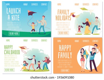 Set web banners with family flying a kite, flat vector illustration isolated.