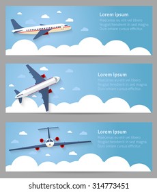Set of web banners. Flight of the plane in the sky. Passenger planes, airplane, aircraft, flight, clouds, sky, sunny weather. Color flat icons. Vector illustration