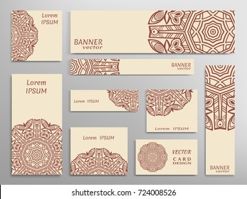 Set of web banners, flyers, booklet cover templates, business card with sketch mandala pattern. Card or invitation design. Different sizes. Corporate flat identity mock-up