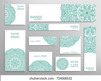 Set of web banners, flyers, booklet cover templates, business card with sketch mandala pattern. Card or invitation design. Different sizes. Corporate flat identity mock-up