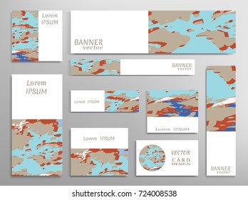 Set of web banners, flyers, booklet cover templates, business card with abstract art pattern. Card or invitation design. Colorful grunge texture. Different sizes. Corporate flat identity mock-up