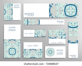 Set of web banners, flyers, booklet cover templates, business card with abstract art pattern. Card or invitation design. Colorful grunge texture. Different sizes. Corporate flat identity mock-up