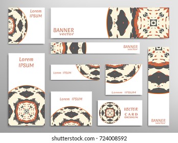 Set of web banners, flyers, booklet cover templates, business card with abstract art pattern. Card or invitation design. Colorful grunge texture. Different sizes. Corporate flat identity mock-up