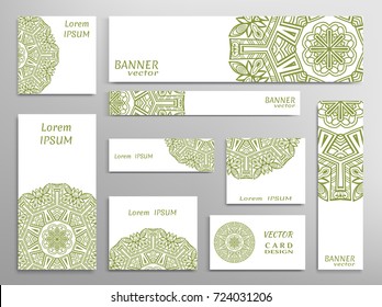 Set of web banners, flyers, booklet cover templates, business card with sketch mandala pattern. Card or invitation design. Different sizes. Corporate flat identity mock-up