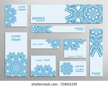 Set of web banners, flyers, booklet cover templates, business card with sketch mandala pattern. Card or invitation design. Different sizes. Corporate flat identity mock-up