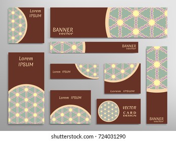 Set of web banners, flyers, booklet cover templates, business card with sketch mandala pattern. Card or invitation design. Different sizes. Corporate flat identity mock-up
