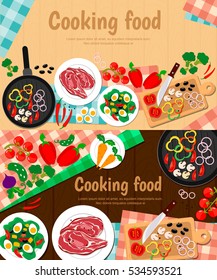 Set of web banners. Food and cooking, poster, plakat. Modern flat design, vector illustration.