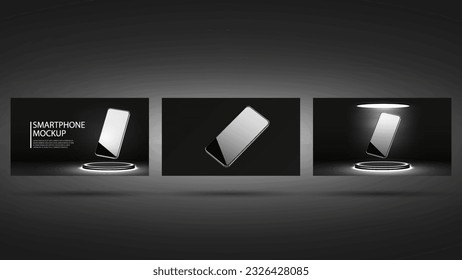 Un conjunto de banners web con brillantes smartphones 3D en blanco y negro en un podio de neón negro. Carteles con teléfono móvil.