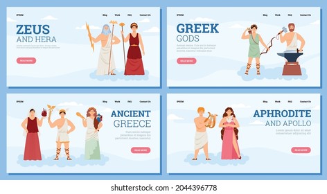 Set of web banners with goddesses and gods ancient greek mythology. Famous characters deity of olympian pantheon. Flat cartoon vector illustrations.