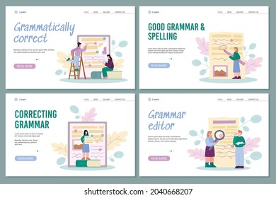 Set web banners for grammar editor and copywriting services. Landing pages kit with people correcting spelling and improving text grammar, flat vector illustration.