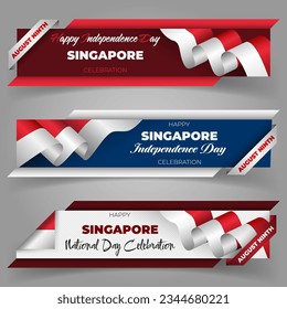 Juego de banderas web con textos de escritura a mano y colores de la bandera nacional para el noveno de agosto, Día de la Independencia de Singapur, celebración; Ilustración del vector