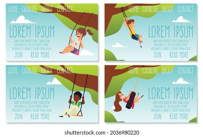 Set of web banners with happy smiling kid swinging on swing, flat vector illustration. Web page templates with funny cheerful kids in playground at summer.