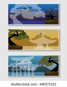 Set of web banners with Japanese landscapes. Templates with traditional buildings at sunrise, afternoon and evening.