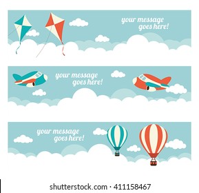 A set of web banners with kites, hot air balloons and planes