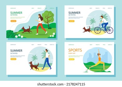 Set of web banners or landing pages. People actively spend the summer: doing yoga, cycling, running, walking. Vector illustration.