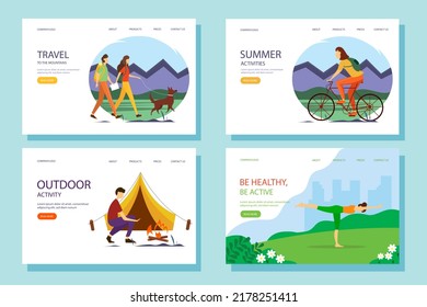 Set of web banners or landing pages. People actively spend the summer: doing yoga, traveling, walking. Vector illustration.