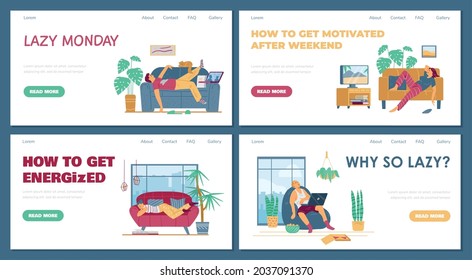 Set web banners with lazy tired male and female persons lying on sofa or armchair at home. Sad, depressed or relaxing characters. Flat cartoon vector illustrations.
