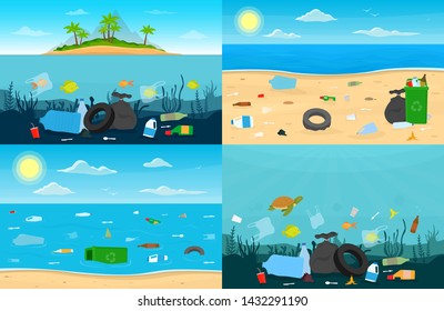 Set of web banners with nature pollution. Dirty ocean beach with trash and plastic. Environmental disaster concept. Vector illustration flat design.